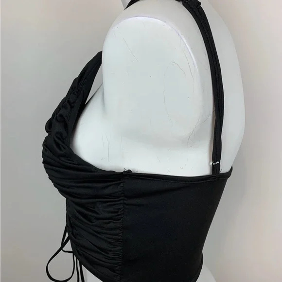SHEIN Black V-Neck Ruched Lace-Up Crop Top- S - Picture 4 of 11